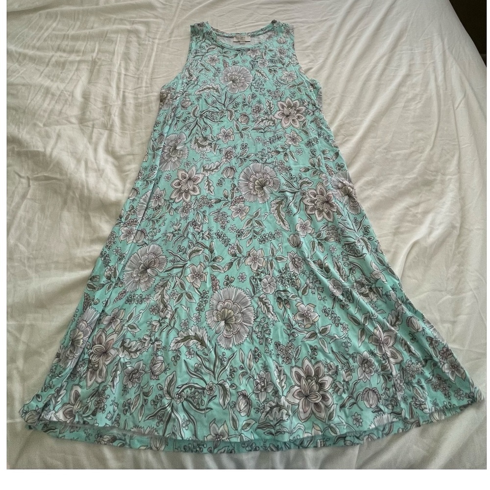 Soft Turquoise floral dress with white, light pink, tan, and green floral color